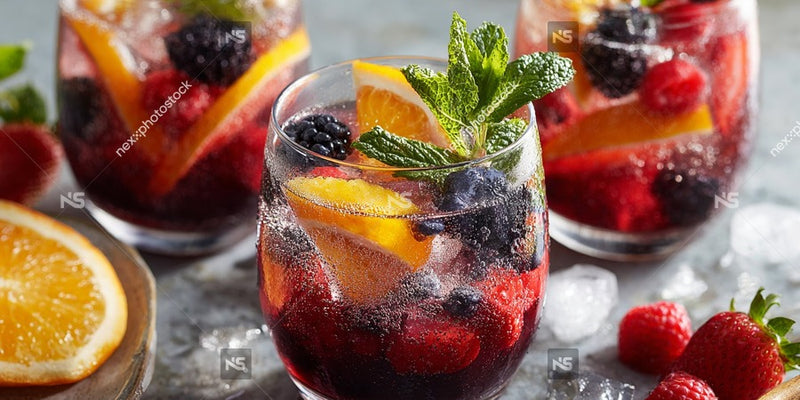 Three Glasses Of Blueberry Mojito Cocktails Garnished With Orange Slices And Mint Leaves On A Table — Stock Photo