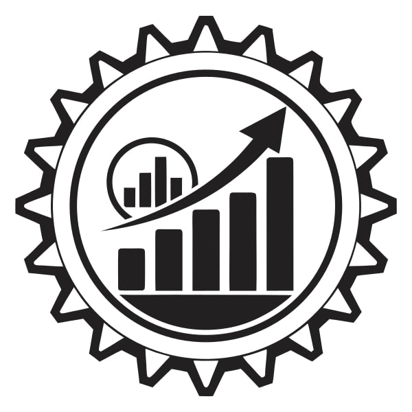 Features A Black And White Icon That Combines A Gear Symbol With A Bar Chart — Stock Vector