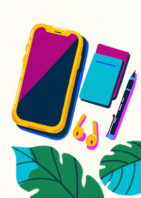 Colorful Cell Phone Accessories Including A Case Pen And Earbuds Arranged On A White Surface With A Leaf Design In The Background — Stock Illustration