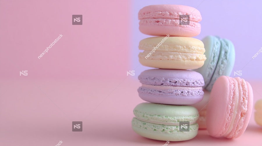 Displays A Collection Of Colorful Macarons Stacked On Top Of Each Other Against A Pink Background — Stock Photo