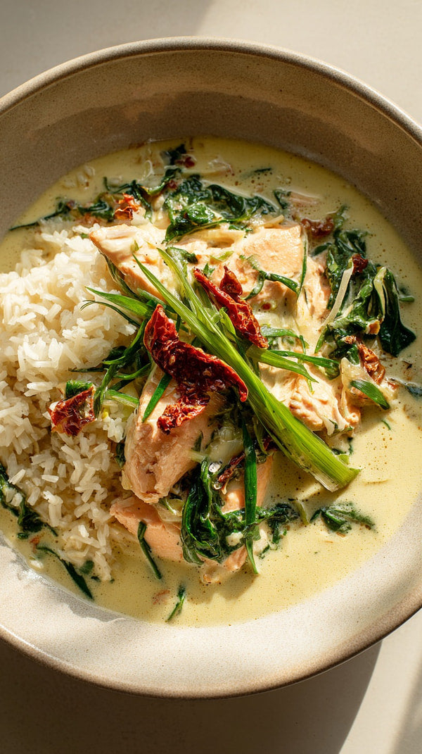 Thai Style Chicken And Rice Dish With Green Herbs And Red Sauce On A Plate — Stock Photo