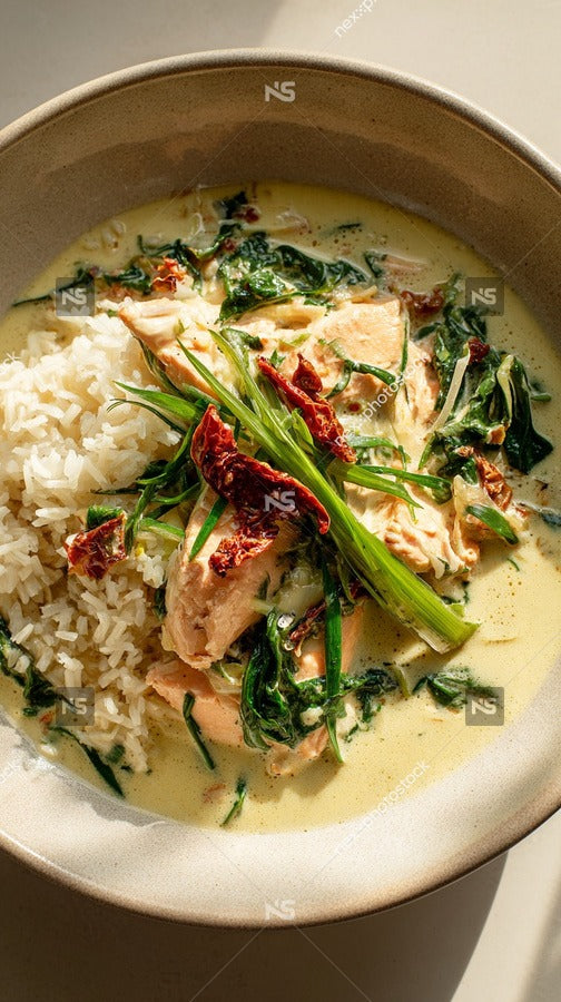 Thai Style Chicken And Rice Dish With Green Herbs And Red Sauce On A Plate — Stock Photo