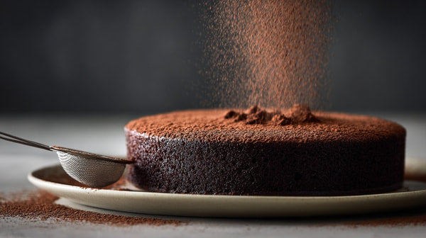 A Chocolate Cake With Powdered Sugar Served On A Plate And Garnished With Cocoa Powder — Stock Photo