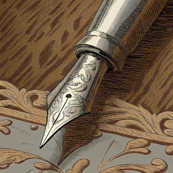 Antique Fountain Pen With Intricate Design Resting On A Wooden Table With Ornate Carvings — Stock Illustration