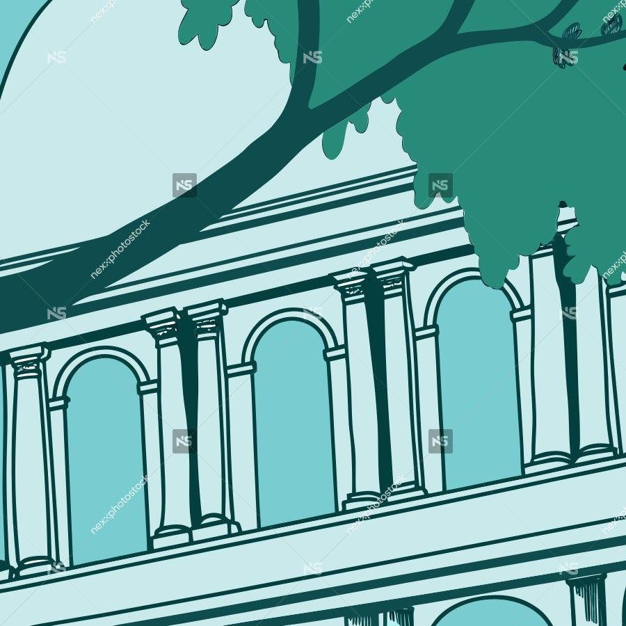 Architectural Illustration Of A Classical Building Facade With A Tree And Blue Sky Background — Stock Vector