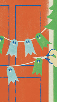 A Festive Halloween Decoration A Red Door Adorned With Ghosts And Christmas Trees Set Against A Backdrop Of A White Wall — Stock Illustration