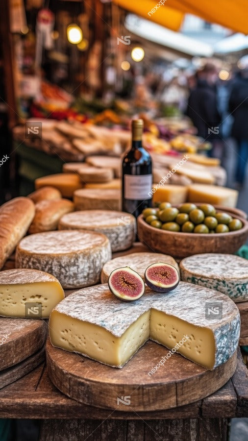 A Cheese Display At A Market Various Types Of Cheese And Olives On A Wooden Table — Stock Photo