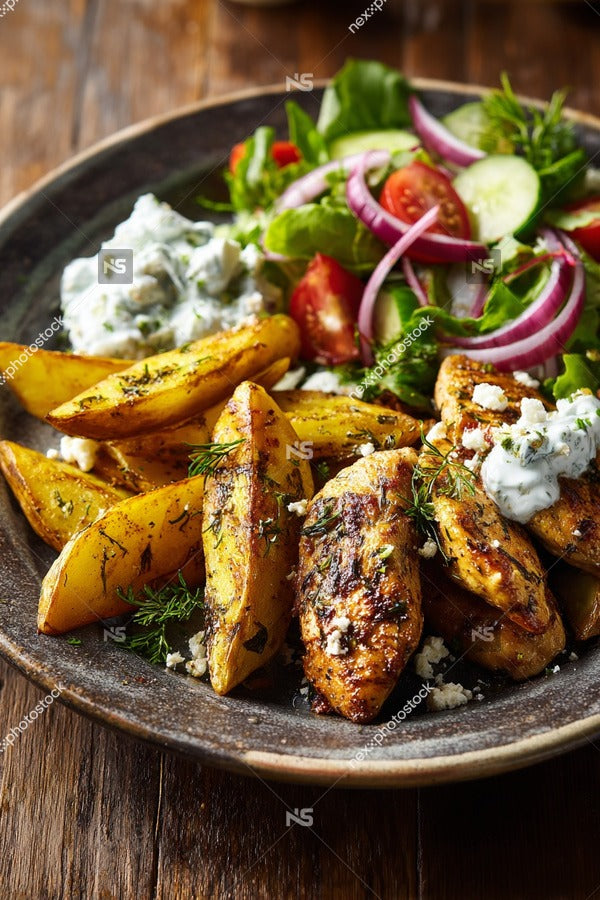 A Plate Of Grilled Chicken French Fries And Tzatziki Sauce On A Wooden Table — Stock Photo