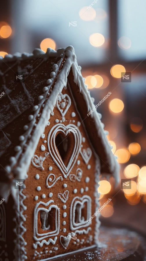 Gingerbread House Decorated With Heart Shapes Placed In Front Of A String Of Christmas Lights — Stock Photo