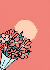 A Sunset Image A Bouquet Of Flowers In The Foreground Set Against A Warm Pink Sky — Stock Illustration