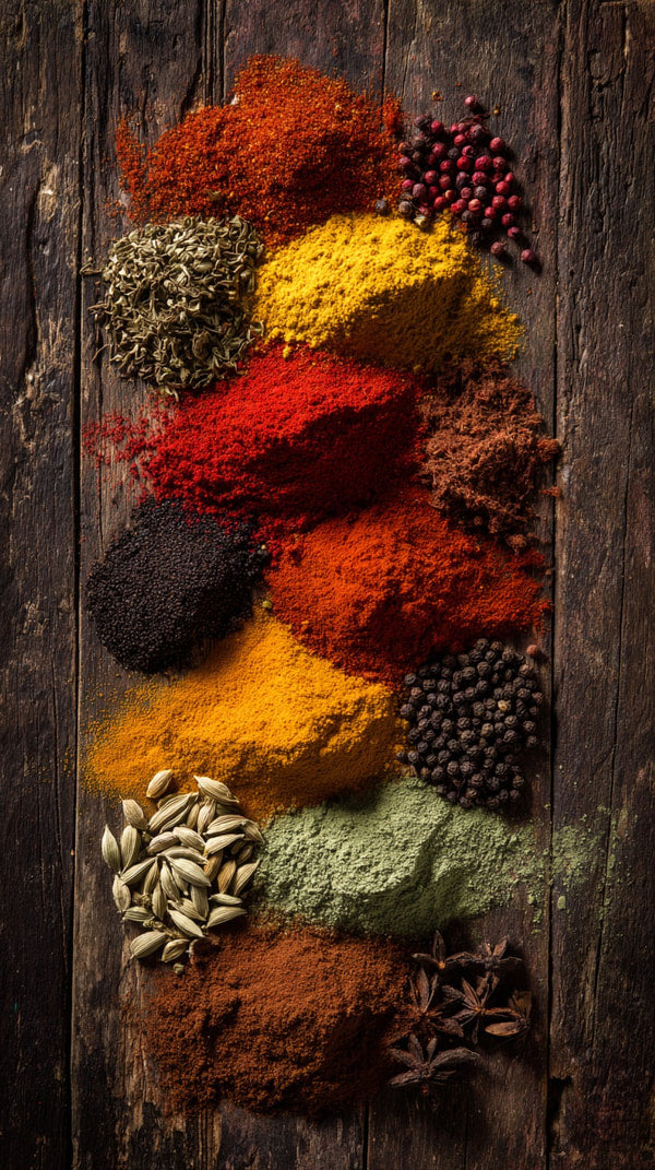 Spices Displayed In An Assortment Of Colors And Textures Arranged Neatly On A Wooden Table — Stock Photo