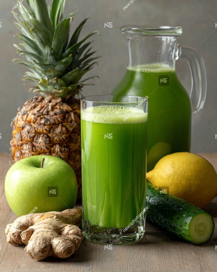 A Glass Of Fresh Fruit Juice Garnished With A Slice Of Lemon And A Piece Of Ginger On A Wooden Table — Stock Photo