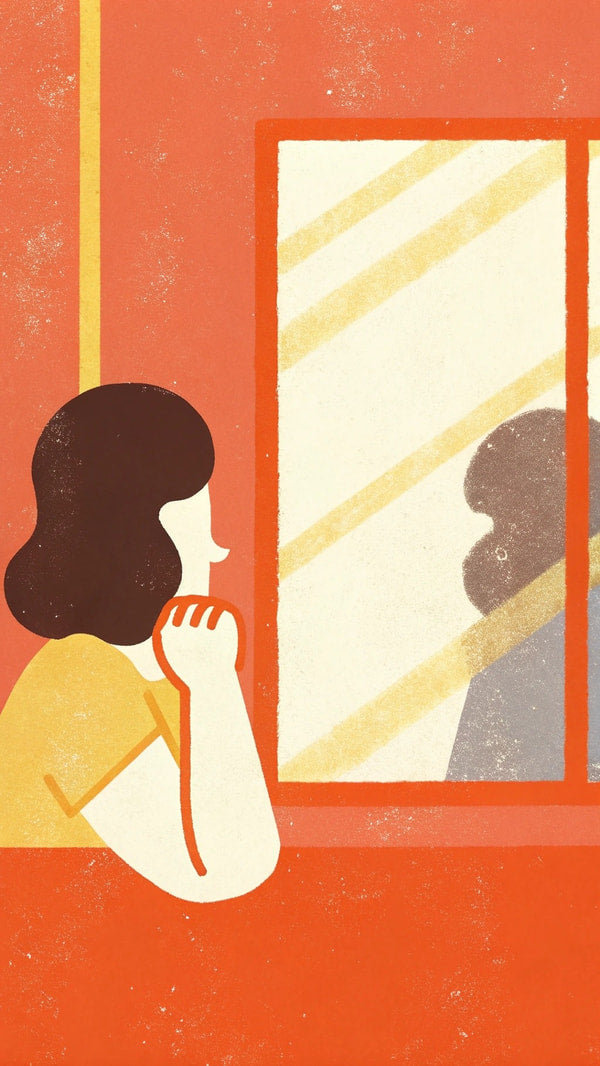 A Woman Is Captured In A Vintage Style Illustration Peering Into A Red Framed Mirror With A Yellow Curtain Behind Her — Stock Illustration