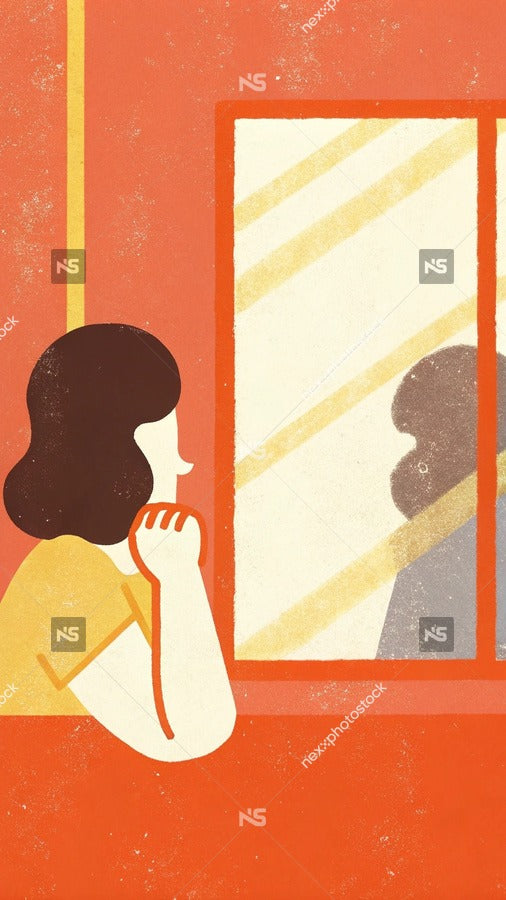 A Woman Is Captured In A Vintage Style Illustration Peering Into A Red Framed Mirror With A Yellow Curtain Behind Her — Stock Illustration