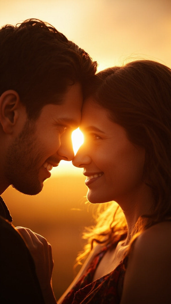 A Couple Embracing In A Sunset With The Man Looking Into The Woman S Eyes — Stock Photo