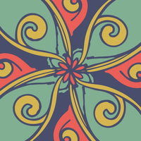 Stylized Colorful Abstract Design With A Symmetrical Pattern Swirling And Intersecting Lines And Shapes In Shades Of Blue Red Yellow And Green — Stock Vector