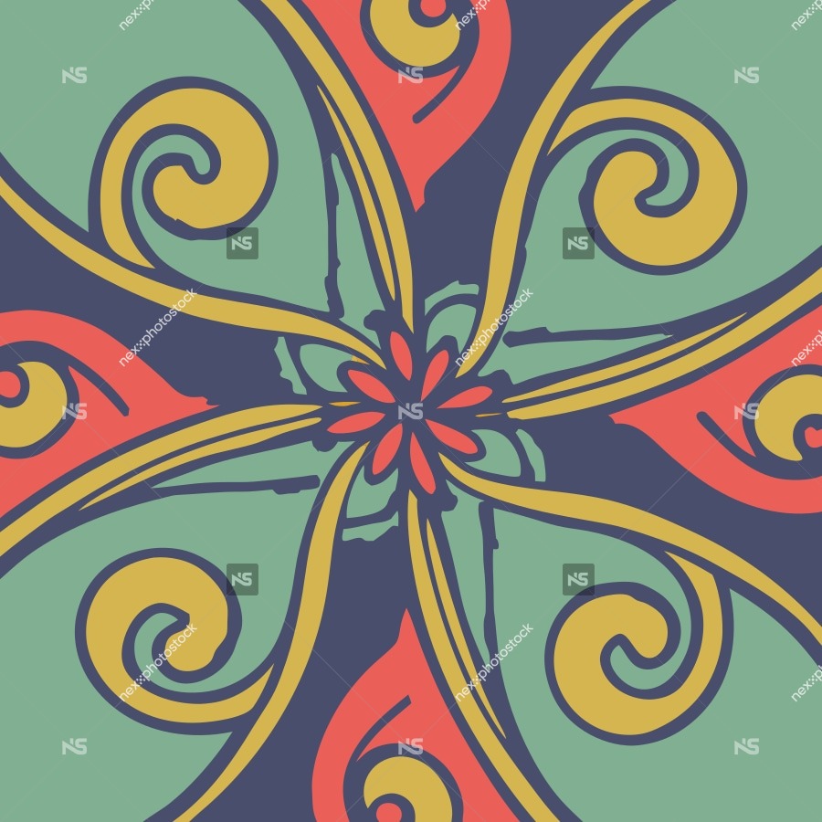 Stylized Colorful Abstract Design With A Symmetrical Pattern Swirling And Intersecting Lines And Shapes In Shades Of Blue Red Yellow And Green — Stock Vector