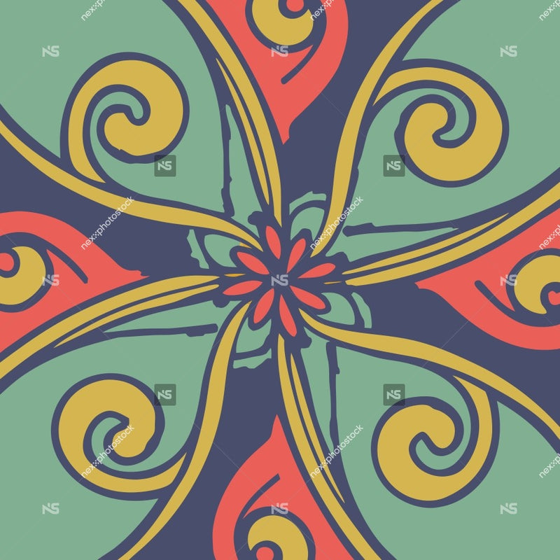 Stylized Colorful Abstract Design With A Symmetrical Pattern Swirling And Intersecting Lines And Shapes In Shades Of Blue Red Yellow And Green — Stock Vector