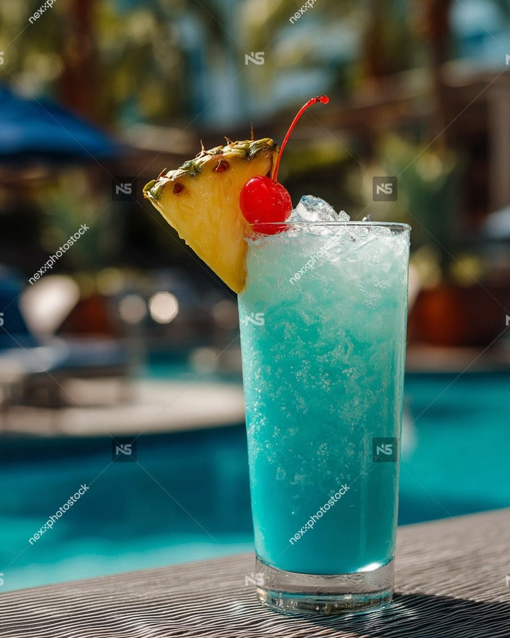 A Blue Hawaiian Cocktail With A Pineapple Slice And Cherry On The Rim Served In A Glass Placed On A Table — Stock Photo