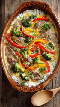 A Dish Of Beef And Broccoli Stir Fry In A Wooden Bowl Garnished With Red Peppers And Served On A Wooden Table — Stock Photo