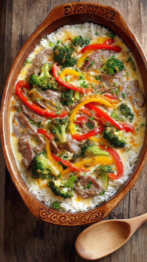 A Dish Of Beef And Broccoli Stir Fry In A Wooden Bowl Garnished With Red Peppers And Served On A Wooden Table — Stock Photo