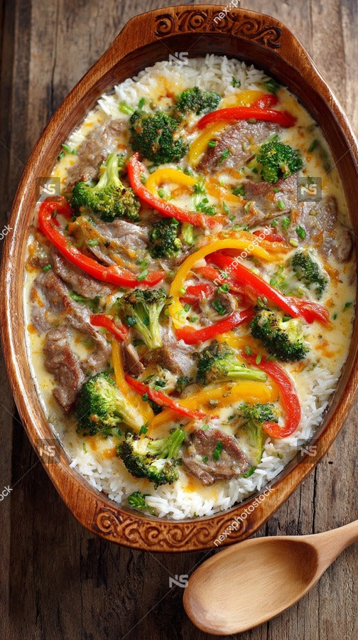 A Dish Of Beef And Broccoli Stir Fry In A Wooden Bowl Garnished With Red Peppers And Served On A Wooden Table — Stock Photo