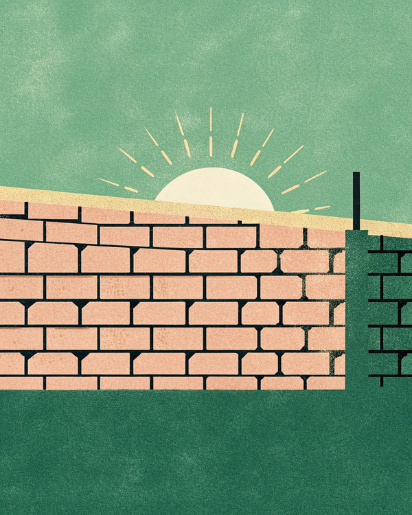A Stylized Illustration Of A Brick Wall With A Sunset A Clear Sky And A Warm Glow From The Setting Sun — Stock Illustration