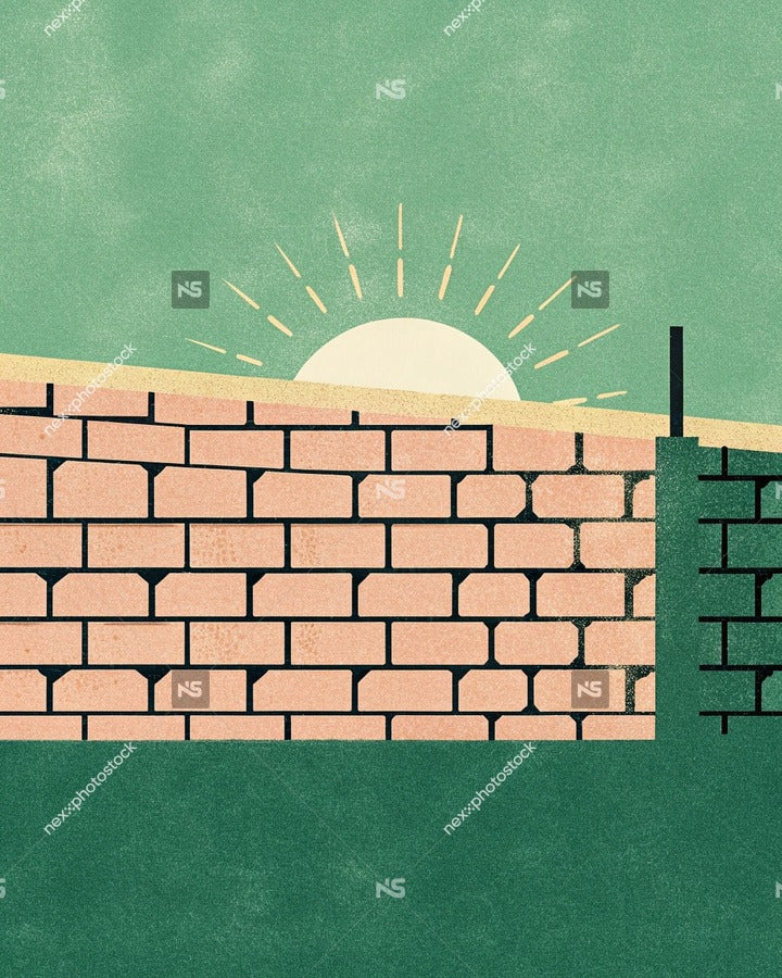 A Stylized Illustration Of A Brick Wall With A Sunset A Clear Sky And A Warm Glow From The Setting Sun — Stock Illustration