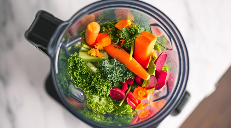 shows a blender filled with a variety of fresh vegetables and fruits including carrots broccoli and oranges - Stock Video