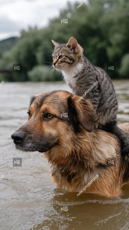 A Dog And Cat Riding Together On A Raft In A Body Of Water — Stock Photo