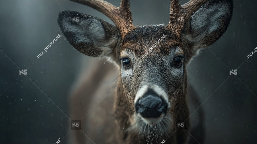 A Deer Prominently Featured In The Foreground Stands Against A Dark Background With Its Head Turned To The Left — Stock Photo