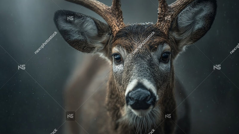 A Deer Prominently Featured In The Foreground Stands Against A Dark Background With Its Head Turned To The Left — Stock Photo