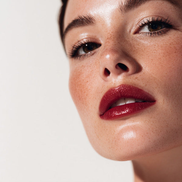 Woman With Red Lipstick In Close Up Portrait — Stock Photo