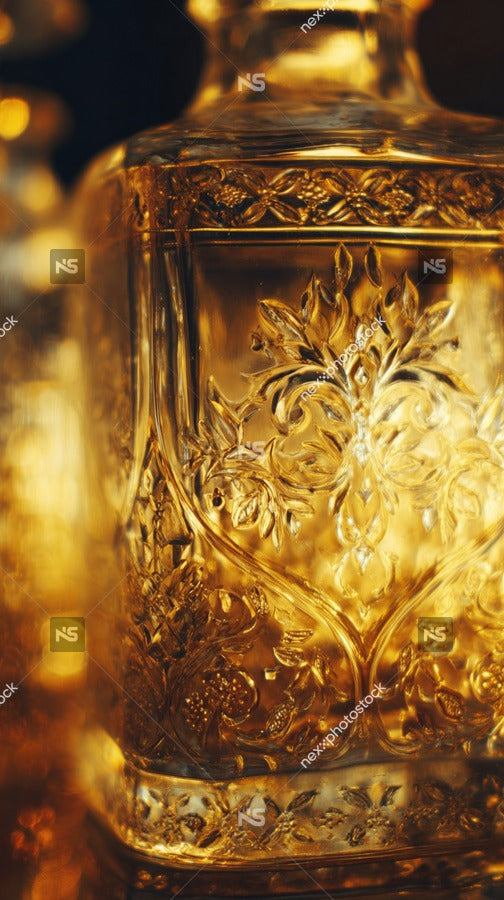 A Golden Bottle With A Floral Design Prominently Displayed In A Close Up Shot Against A Blurred Background Of Bokeh Lights — Stock Photo