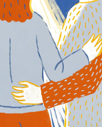 Illustration Of Two People In A Warm Embrace One With Red Hair Set Against A Blue Background — Stock Illustration