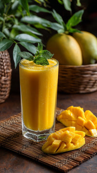 Glass Of Fresh Fruit Juice On A Table With Sliced Mango And Mint Leaves In The Background — Stock Photo