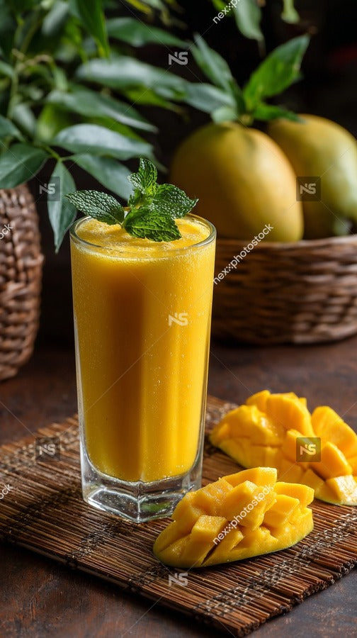 Glass Of Fresh Fruit Juice On A Table With Sliced Mango And Mint Leaves In The Background — Stock Photo