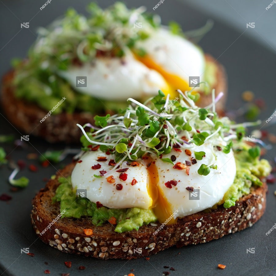 A Slice Of Avocado Toast Topped With A Fried Egg And Garnished With Microgreens Served On A Black Plate — Stock Photo