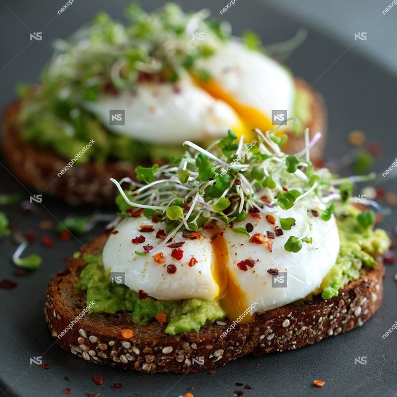 A Slice Of Avocado Toast Topped With A Fried Egg And Garnished With Microgreens Served On A Black Plate — Stock Photo