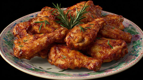 A Plate Of Chicken Wings Garnished With Parsley And A Sprig Of Rosemary Placed On A Dining Table — Stock Photo