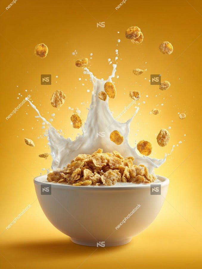 Cereal Bowl With Milk And Cereal Pieces Flying Out Top View Studio Lighting Yellow Background — Stock Photo
