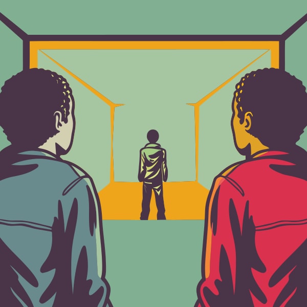Depicts Two Individuals Standing In A Room With An Open Door Looking Out Into A Hallway — Stock Vector