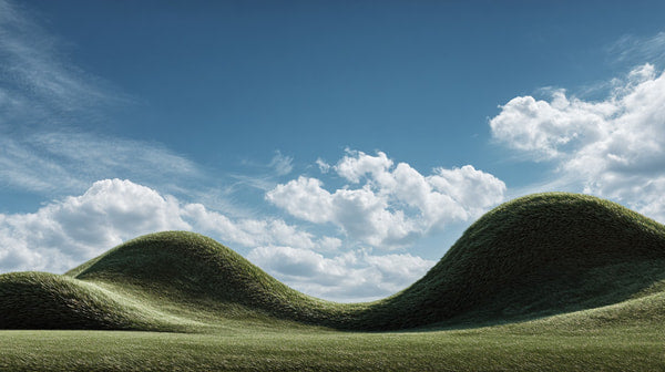Showcases A Picturesque Landscape Three Large Green Grass Mounds On A Hillside Under A Clear Blue Sky — Stock Photo