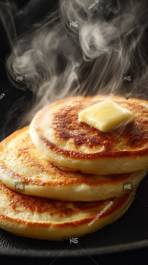 Displays A Close Up View Of Three Golden Brown Pancakes Stacked On Top Of Each Other On A Black Plate — Stock Photo