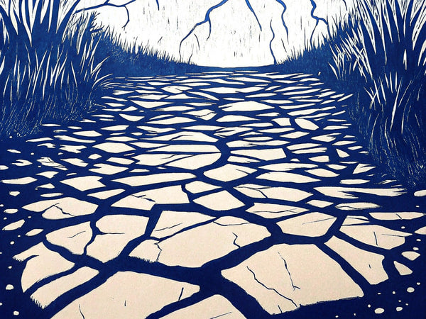 A Surreal Landscape With A Path Leading Towards A Dark Forest In The Background — Stock Illustration