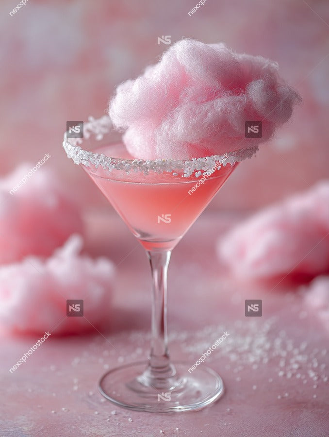 A Pink Cotton Candy Martini Garnished With A Sugar Rimmed Glass And Served On A Table With Pink Cotton Candy In The Background — Stock Photo