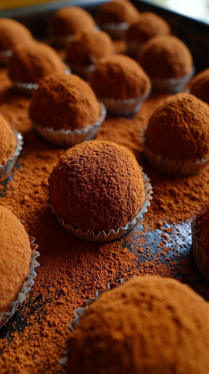 shows a collection of truffles with a dusting of cocoa powder on top arranged in rows on a surface - Stock Video