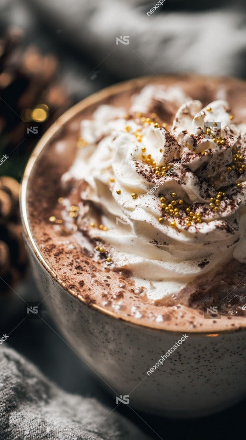 Close Up Of A Chocolate Drink In A Cup With Whipped Cream And Sprinkles On A Dark Background — Stock Photo