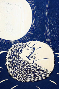 A Hedgehog Sleeping In A Night Sky With A Full Moon Surrounded By Stars And A Crescent Moon — Stock Illustration