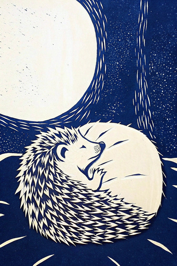 A Hedgehog Sleeping In A Night Sky With A Full Moon Surrounded By Stars And A Crescent Moon — Stock Illustration